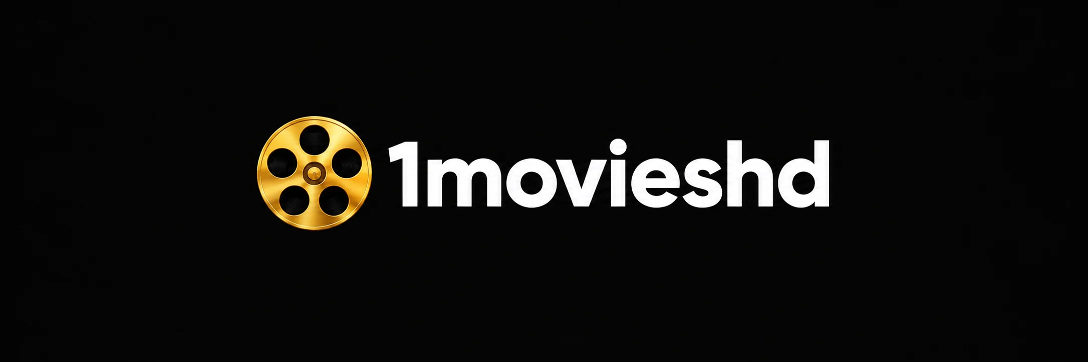 1movieshd in white beside a gold five-hole film reel on black